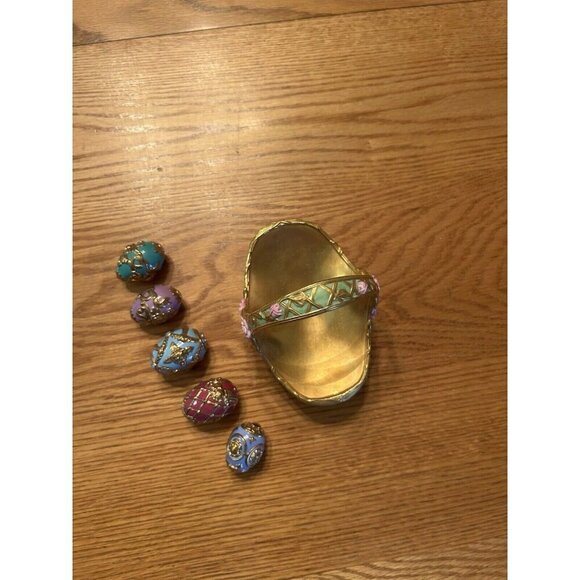 Antique Fabregé The Franklin Mint Summer Egg Basket w/ 5 Eggs - Picture 3 of 4